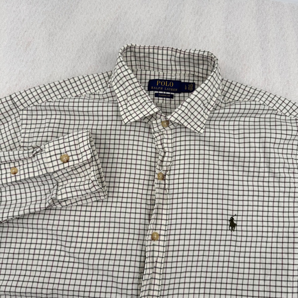 Polo Ralph Lauren Mens L Classic Fit Long Sleeve Button Down Ivory Check Plaid